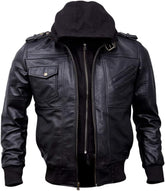 Casual Black Lambskin Bomber Leather Jacket with Removable Hood for Men - MNCLeather